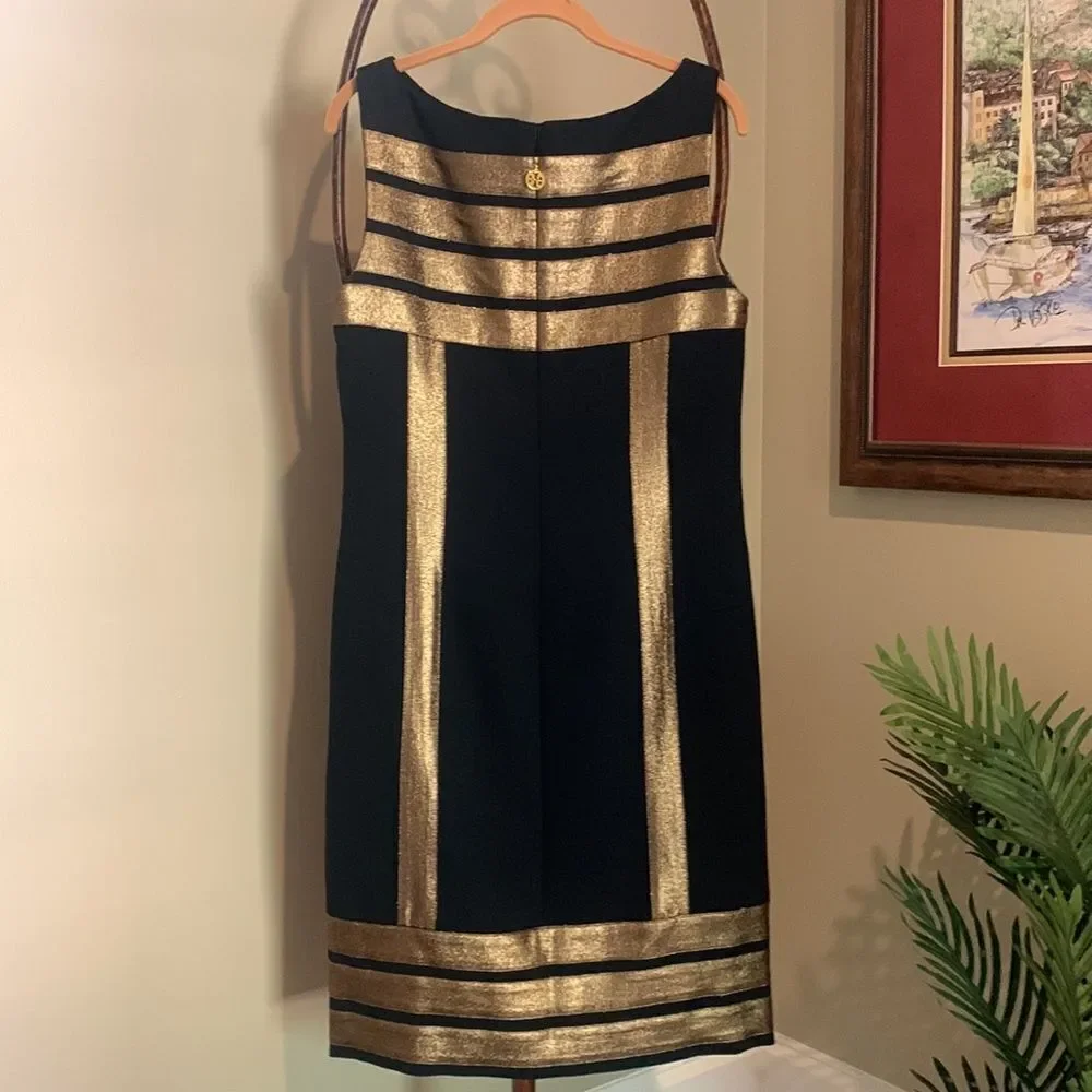 Tory Burch Black and Gold Striped Midi Dress